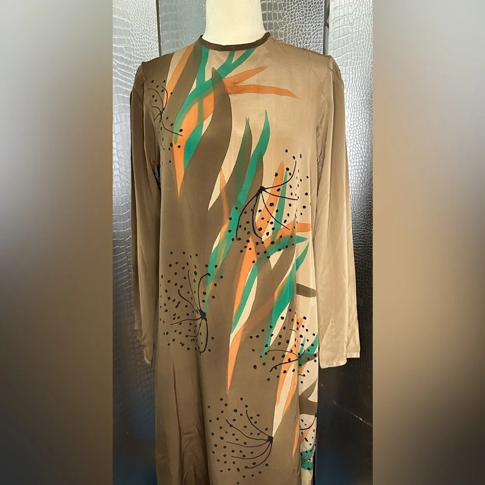 I Magnin Nicole LTD Vintage Silk Artistic Floral Long Sleeve Dress Size 12 - Picture 3 of 8